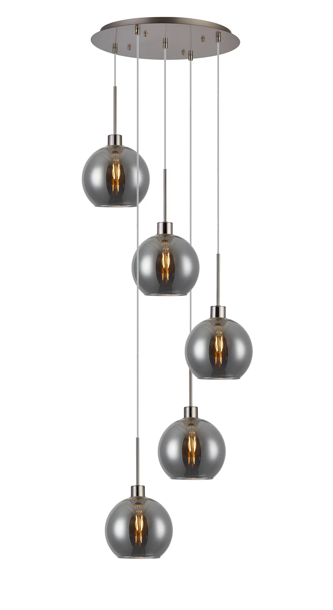 DK1382  Lori 45cm Round Pendant, 5 Light Adjustable E27, Satin Nickel/Smoke Open Mouth Round Globe Shades